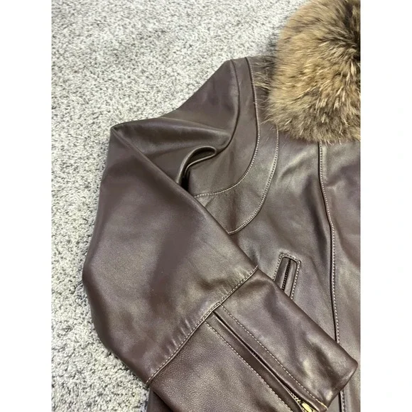 Luxury Women's Genuine Leather Real Fur Collar Jacket Brown Warm Winter Coat Y2K - Picture 3 of 14